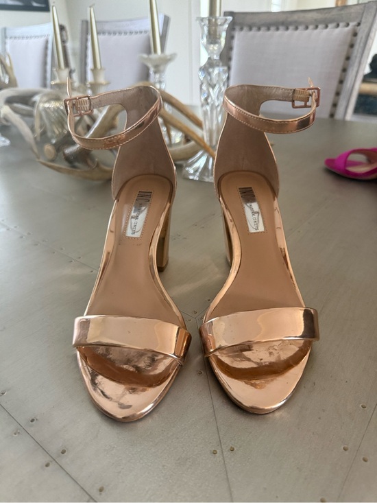 INC International Concepts Shoes - INC International Concepts Metallic Rose Gold Ankle-Strap Block Heels